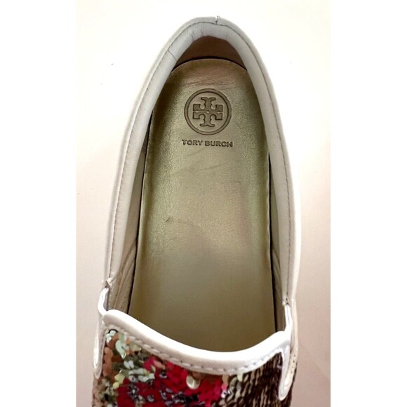 Tory Burch Shoes Womens 10.5 White Leather w Gold Reversible Sequin Fabric Front - Picture 10 of 16